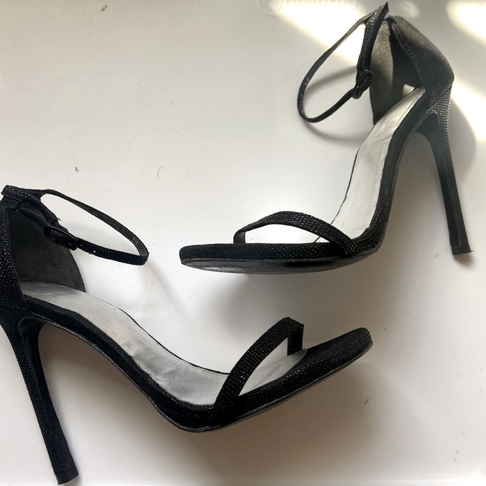 Stuart Weitzman Nudist Ankle Strap Sandals Black Goosebump Heels